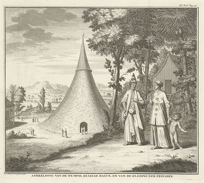 Gezicht op een tempel te Pegu Afbeelding van de tempel Kiakiak Dagun, en van de kleding der Peguanen (titel op object), RP-P-1909-1668.jpg