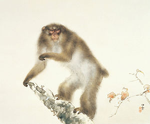 橋本関雪の日本画『秋桜老猿』